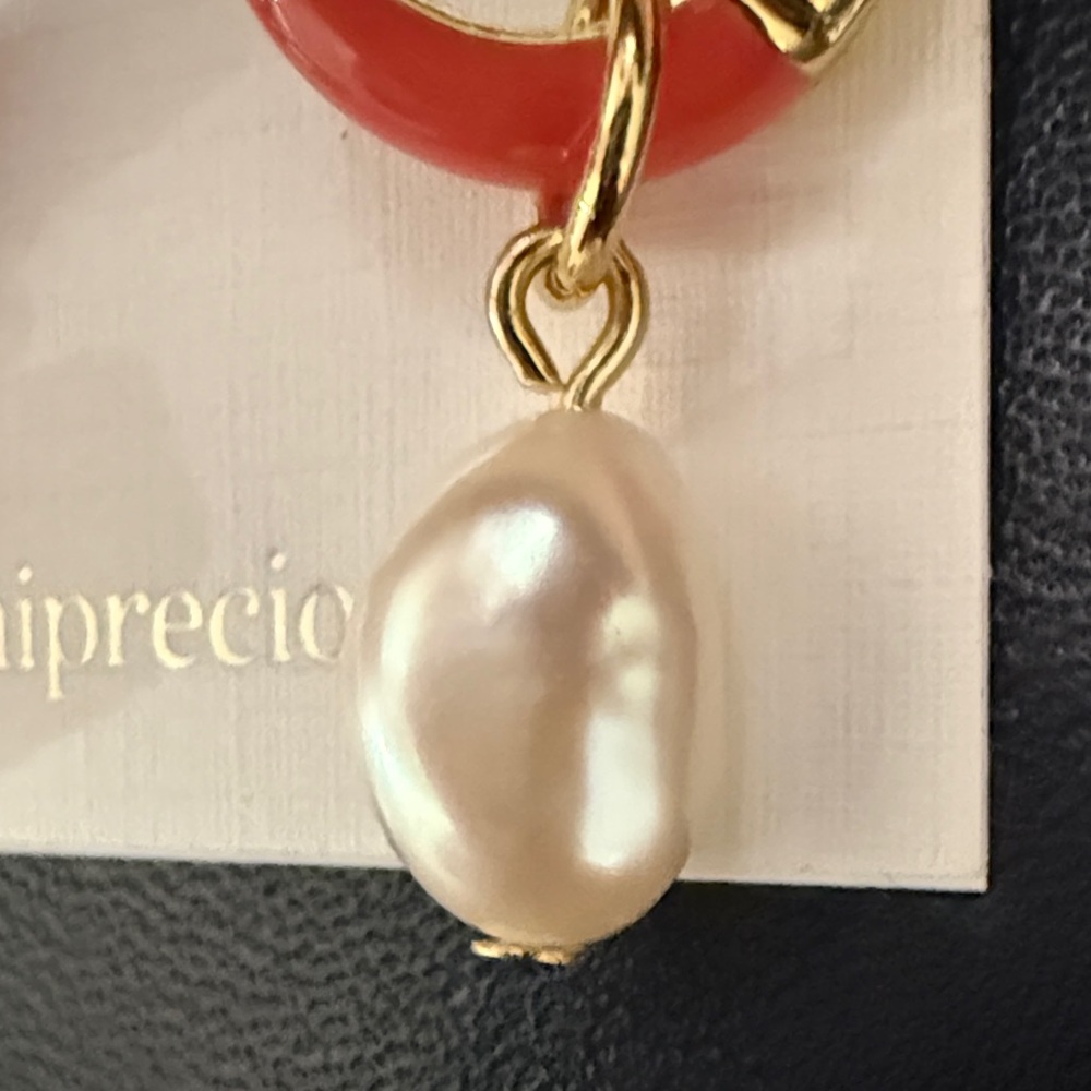 Talbots NWT Semiprecious Gold-Tone Coral Hoop Earrings with Pearl Drops - Picture 3 of 4